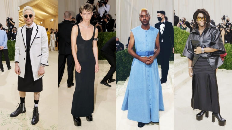 Sejumlah selebritas pria yang menerapkan tren genderless fashion di Met Gala 2021. | Sumber: Getty Images via Vogue.com