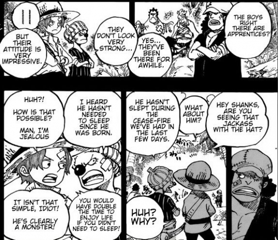 Ketika Shanks pertama kali bertemu dengan Teach di pertempuran bajak laut Roger melawan Shirohige. (Sumber: Dok. Viz Media, One Piece)