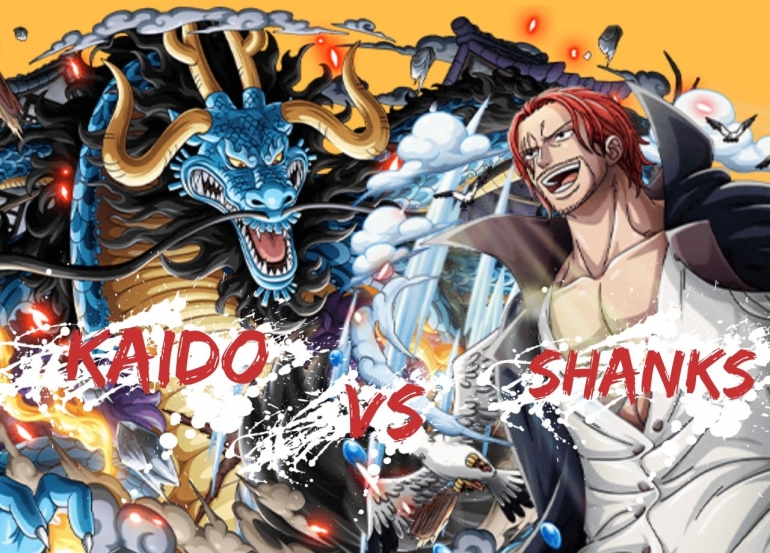 Ilustrasi pertarungan Shanks melawan Kaido. (Aset Gambar: DevianArt, edit by Ilham Maulana)