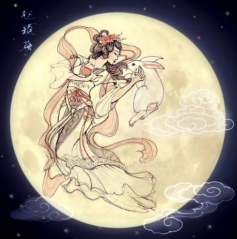 Gambaran Chang E di bulan bersama kelincinya (Foto: FB Kisah Para Dewa)