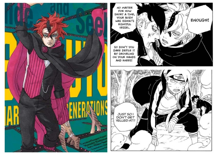 Cover dan panel seri manga Boruto Chapter 62. (Aset Gambar: tangkap layar via MangaPlus, edit by Ilham Maulana)