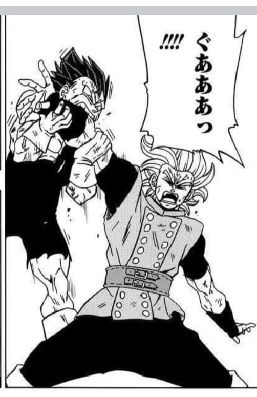 Gambar Vegeta gigit tangan Granolah pada spoiler manga chapter 76 | (Sumber: mangaplus.shueisha.co.jp)