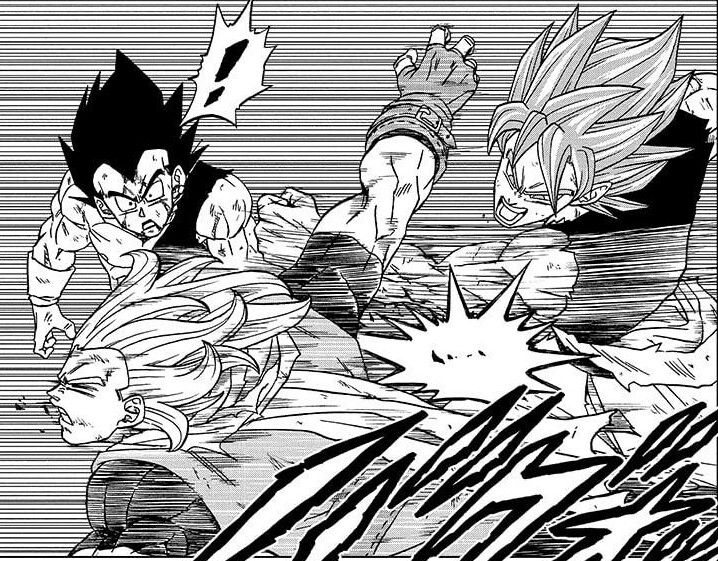 Pertarungan antara Goku, Vegeta melawan Granolah. Sumber: capture (mangaplus.shueisha.co.jp)