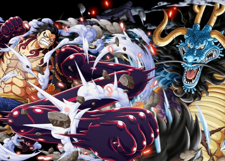 Illustrasi Luffy melawan Kaido. (Aset Gambar: DevianArt, edit by Ilham Maulana)