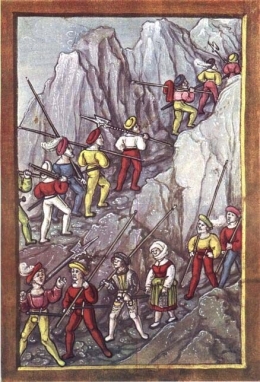 ilustrasi gambar karya Diebold Schilling dari abad ke-15 mengenai tentara bayaran Swiss sedang melintasi Gunung Alpen: Sumber gambar: wikimedia.org
