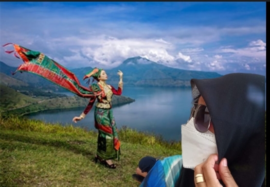 Ilustrasi sang putri di tepi Danau Toba, foto via Indonesiatravel.com dan foto pribadi hasi olah di CapCut