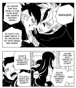 Kawaki tidak berdaya dihapan Code. (Sumber: tangkap layar panel manga Boruto chapter 62)