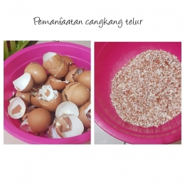 Pemanfaatan limbah cangkang telur (Kiri : cangkang telur utuh, Kanan: cangkang telur setelah dihancurkan | Foto: dokpri MomAbel)