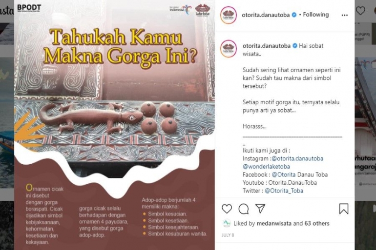 Banyak informasi dan agenda acara disampaikan melalui Instagram BPODT. Salah satunya makna Gorga. (Foto: Instagram BPODT)