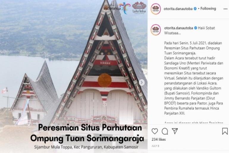 Situs Parhutaan Ompung Tuan Sorimangaraja pada Juli 2021. (Foto: Instagram Badan Pengelola Otoritas Danau Toba / BPODT)