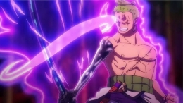 Zoro mencoba menjinakan pedang Enma di seri Anime One Piece. (Sumber: Dok. Funimation)