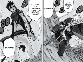 Kawaki mengancam Boruto untuk mengirimnya ketempat Hokage. (Sumber: Dok. MangaPlus Shueisha, Boruto: Naruto Next Generation Chapter 1)