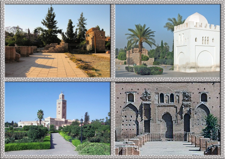 Dari atas kiri searah jarum jam: Bab'Ali - Makam Fatimah Zohra-Mihrab Masjid pertama-Taman di Masjid Koutoubia (Dok.Wikipedia)