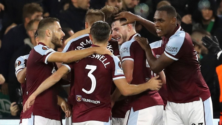 Declan Rice mencetak gol pertama untuk West Ham dalam kemenangan 2-0 atas Rapi Vienna (Foto Skysports)