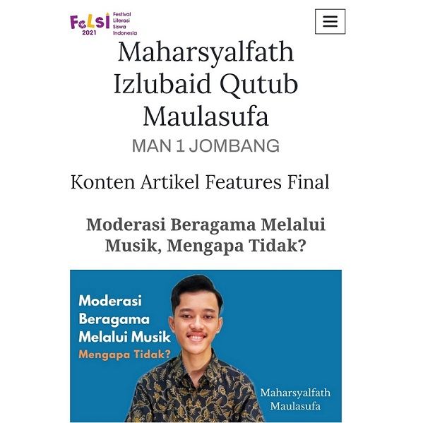 Artikel features karya Maharsyalfath menjadi terfavorit pembaca di pameran karya finalis FeLSI 2021. (tangkapan layar: Puspresnas).