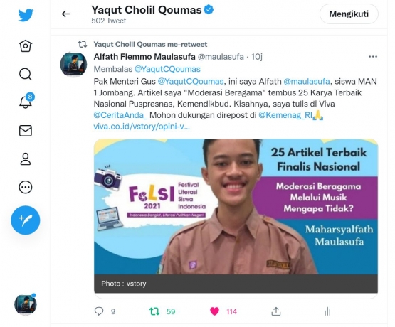 Retweet Menteri Agama Gus Yaqut @YaqutCQoumas dari Alfath Flemmo @maulasufa pada Selasa, 5 Oktober 2021. (tangkapan layar: Twitter/YaqutCQoumas)