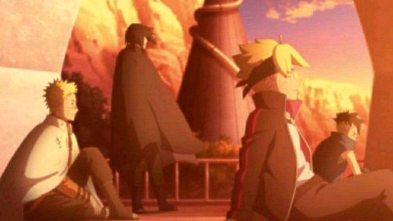 Boruto, Kawaki, Naruto dan Sasuke berhasil kembali ke Konoha usai kalahkan Isshiki. (Sumber: Dok. Viz Media, Boruto Episodes 219)