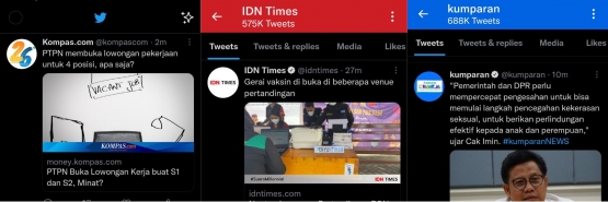 Contoh berita di Twitter Kompas.com, IDN Times, dan Kumparan. Dok. Pribadi