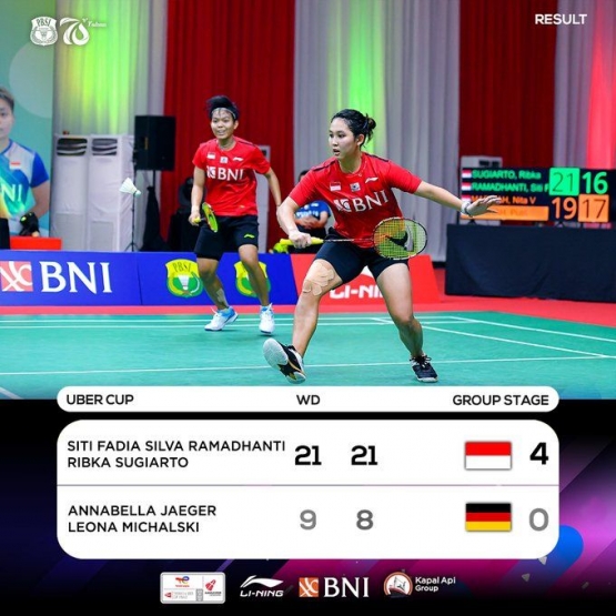 Duet Siti/Ribka tunjukkan ketangguhannya atas wakil Jerman. Sumber: Twitter.com/@INABadminton