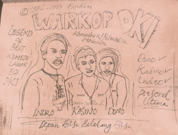 Ilustrasi Personel Utama Warkop DKI (Dono, Kasino, Indro), digambar oleh. Junirullah