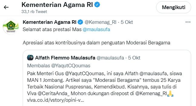 Akun Twitter @Kemenag_RI mengapresiasi Maharsyalfath @maulasufa pada Selasa, 5 Oktober 2021. (tangkapan layar: Twitter/Kemenag_RI)