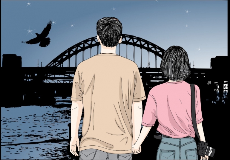 Ilustrasi sepasang kekasih memandang jembatan Tyne (Gambar latar: ArtsyBee/ Gambar figur: Saydung89 Via Pixabay)