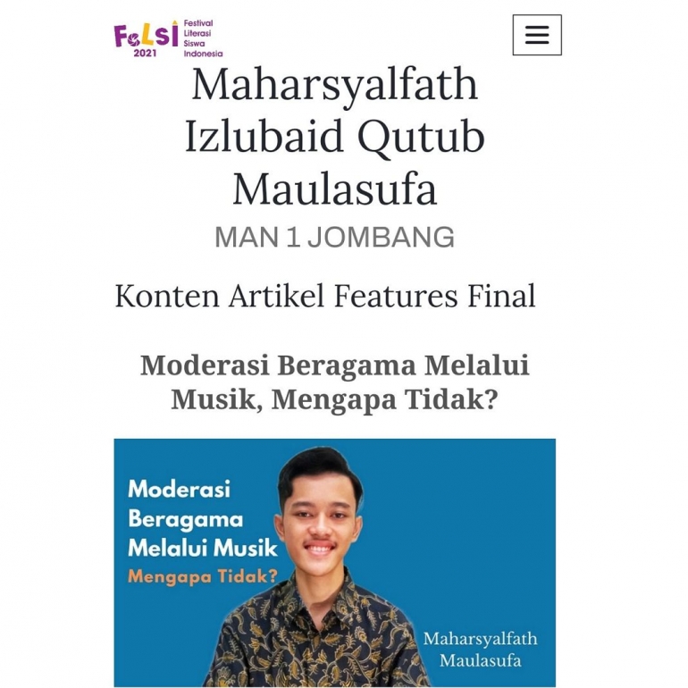 Karya Maharsyalfath menjadi article features terfavorit netizen di pameran karya finalis FeLSI 2021. (tangkapan layar: Puspresnas).