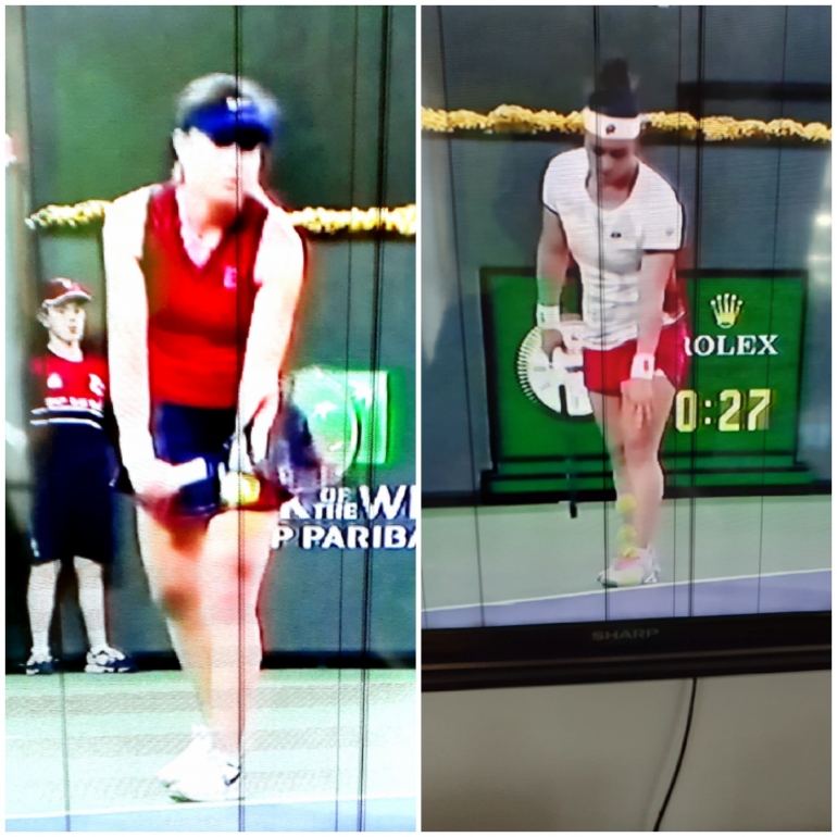Paula Badosa(21)(Spanyol)(kiri) dan Ons Jabeur,(12)(Tunisia) di semifinal BNP Paribas Open 2021. Tangkapan layar Dok. Pribadi.