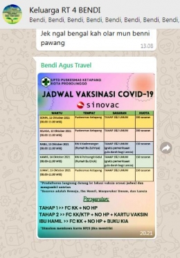 Informasi vaksinasi Covid-19 oleh Ketua RT lewat WAG lebih cepat tersampaikan ke warga. Sumber: screenshot WAG RT 04