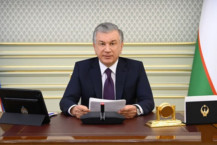 Presiden Uzbekistan Shavkat Mirziyoyev saat menyampaikan pidatonya dalam pertemuan Dewan Ekonomi Eurasia Tertinggi
