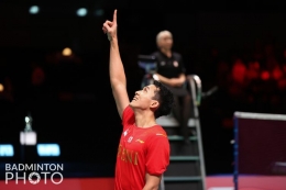 Jonatan Christie menjadi bintang kemenangan Indonesia atas Denmark. (BadmintonPhoto/Yves Lacroix/via KOMPAS.COM)