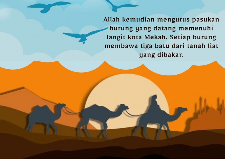 Pasukan Gajah Abrahah dihancurkan oleh pasukan burung yang diutus Allah untuk melindungi Ka'bah (ilustrasi diolah pribadi)