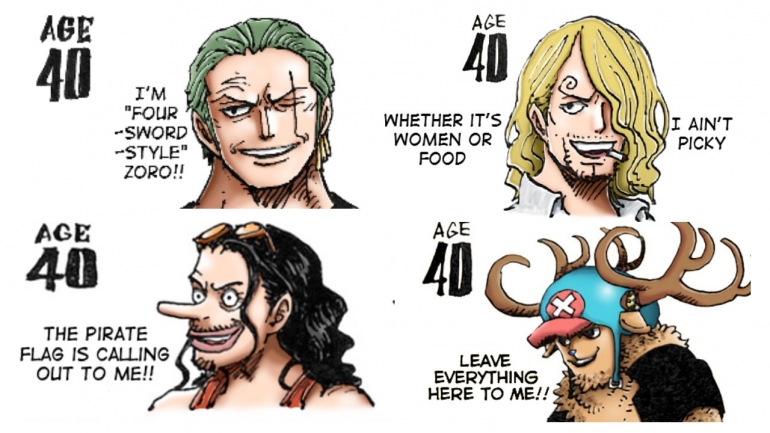 Gambaran para Nakama Topi Jerami versi tua. (Sumber: Dok. Greenscene.co.id, Ilustrasi One Piece by Eiichiro Oda)
