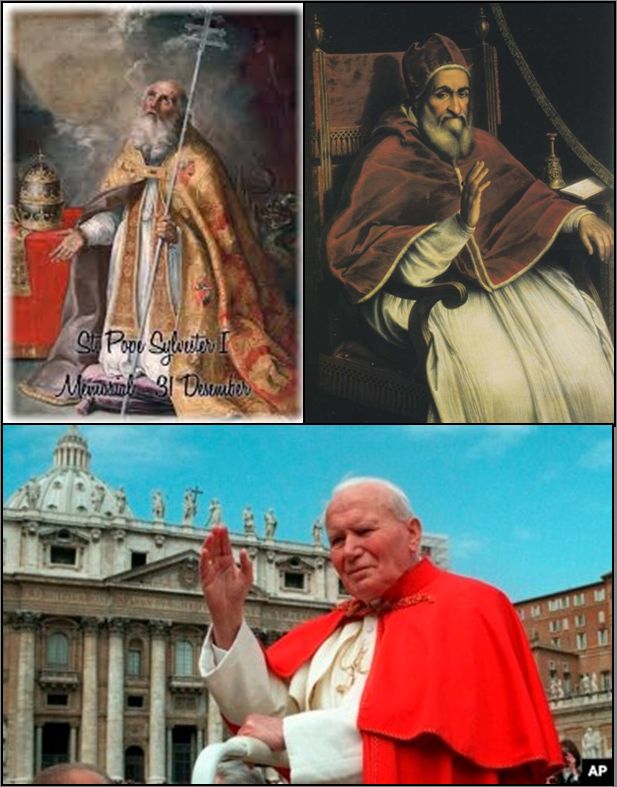 Kolase: Paus Silvester I (kiri atas), Paus Sixtus V (kanan atas) dan Paus Yohanes Paulus II (bawah)