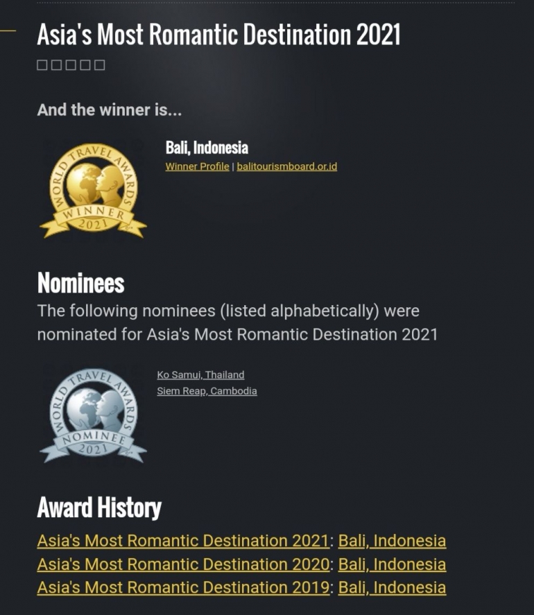 Bali terpilih sebagai Destinasi Paling Romantis di Asia. Sumber: Tangkapan layar situs www.worldtravelawards.com