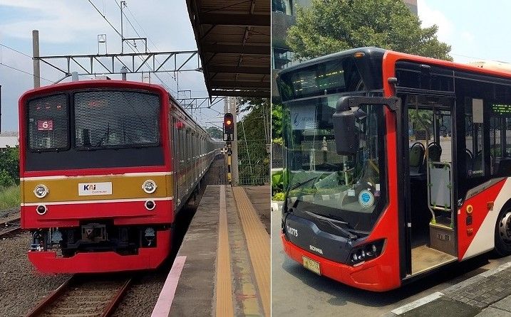 Transportasi massal kereta api komuter (kiri) dan bus Transjakarta (kanan). Sumber: dokumentasi pribadi