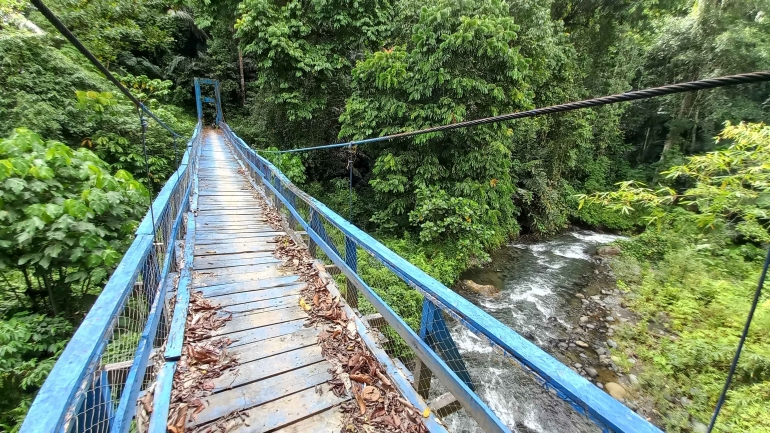 Jembatan gantung di atas Sungai Lampo, salah satu jembatan gantung yang akan dilewati ketika menuju Desa Moa,  di Sulawesi Tengah. (@Hanom Bashari)