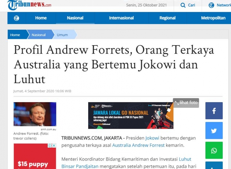 Gambar berita mengenai Profil Andrew Forrets, Orang Terkaya Australia yang Bertemu Jokowi dan Luhut (4/09/2020). Sumber: Tribunnews Tangkapan layar dokpri