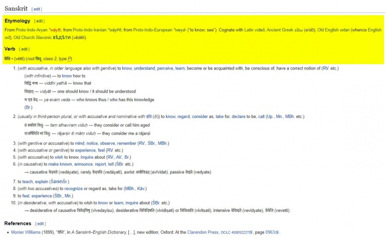 Penjelasan Monier Williams mengenai akar kata 'veda'. dicapture dari halaman wikipedia yang membahas tentang etimologi veda. (dokpri)