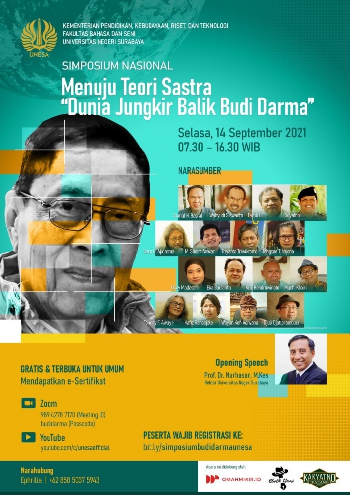 Poster Simposium Nasional: Menuju Teori Sastra 'Dunia Jungkir Balik' Budi Darma. Sumber: unesa.ac.id
