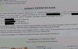 Surat pernyataan anak yang di unggah oleh ketua Yayasan Griya Lansia Khusnul Khatimah | Gambar : kompas.com