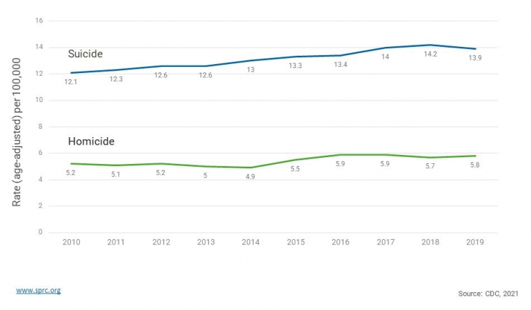 Gambar 1. Suicide Rates by Sex, United States 2010 -- 2019 (Sumber: https://www.sprc.org/scope/united-states)