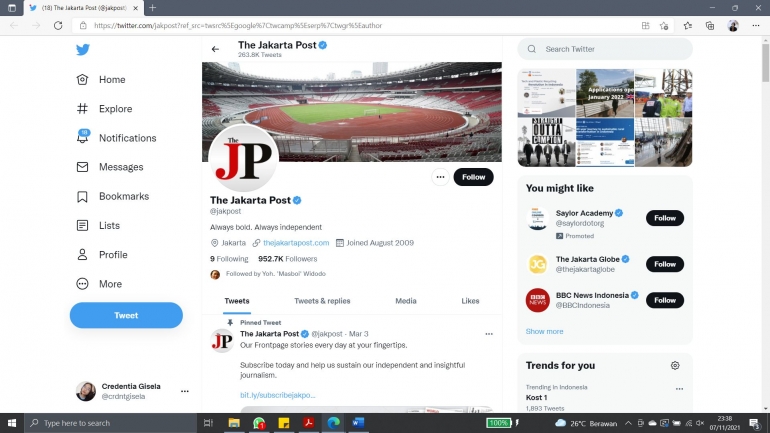 Gambar 2. Laman Twitter The Jakarta Post. Sumber: tangkapan layar