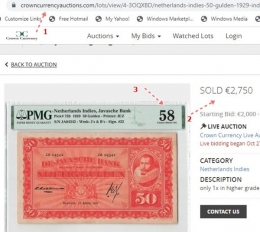 Uang kertas Coen terjual Rp44 juta. No. 1 nama laman, no 2 terjual, dan no 3 grade 58 (Sumber: tangkapan layar currentcurrencyauctions)