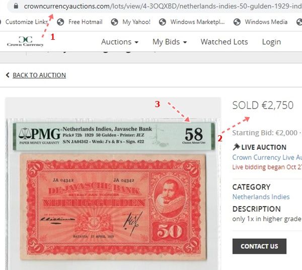 Uang kertas Coen terjual Rp44 juta. No. 1 nama laman, no 2 terjual, dan no 3 grade 58 (Sumber: tangkapan layar currentcurrencyauctions)