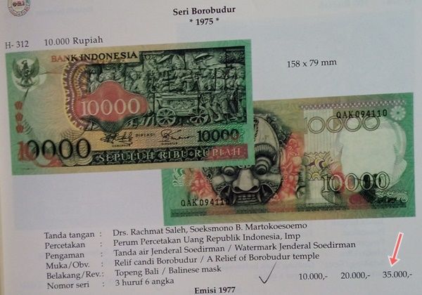 Harga pada 1996 - lihat panah merah (Sumber: Katalog Uang Kertas Indonesia 1782-1996)