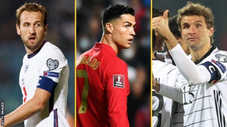 Thomas Muller dari Jerman (kanan), kapten Portugal Cristiano Ronaldo (tengah) dan striker Inggris Harry Kane: bbc.com