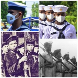 Kolase foto topi kelasi yang dikenakan prajurit TNI AL sejak BKR Laut sampai sekarang, foto dari berbagai sumber (historia.id/minews.id/tnial.mil.id)