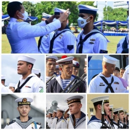 Personel TNI AL dengan topi kelasi baru dan personel Angkatan Laut negara lain : AS, Perancis  Filipina, Inggris, Rusia dan Tiongkok (dari kiri atas)/Sumber: militarymachine.com