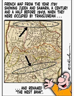 Hoax tentang West Bank pasca PD II.  Map dari kartunis Jerusalem Post.